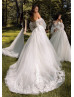 Off Shoulder Beaded Ivory Lace Tulle Shinning Wedding Dress